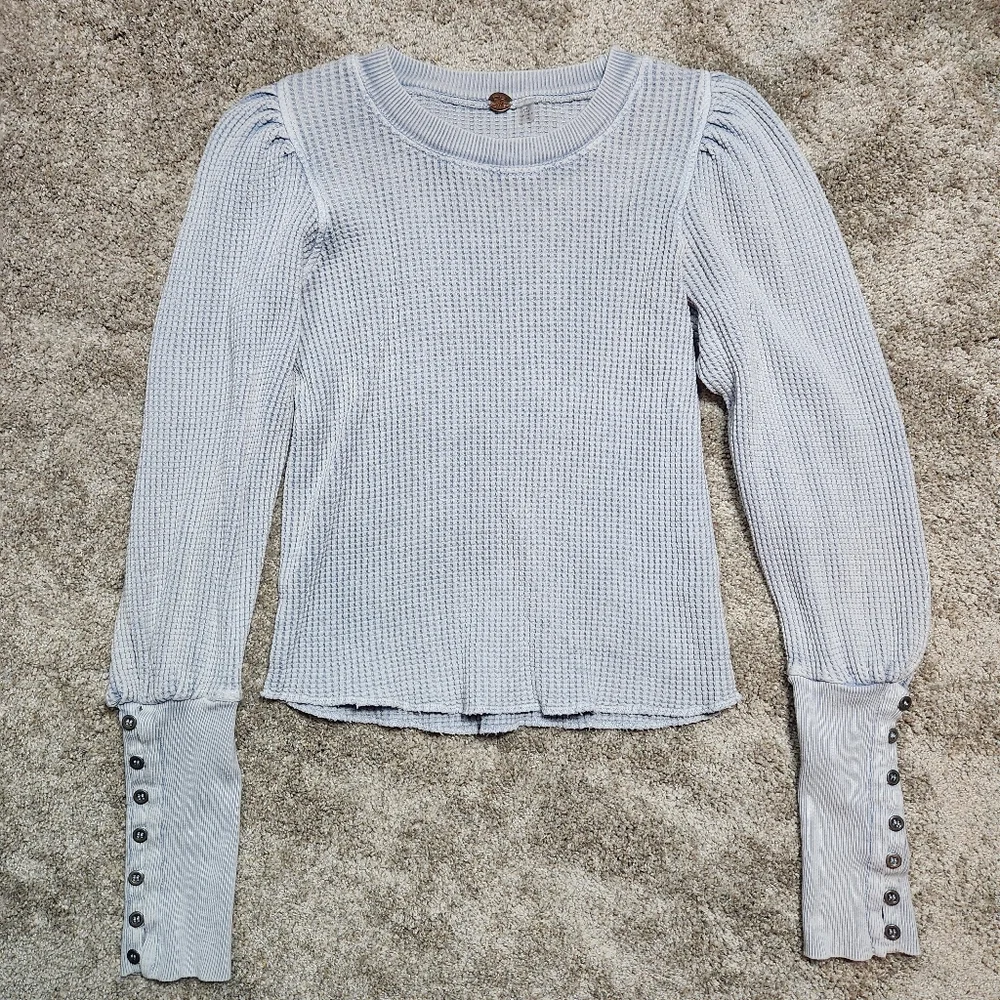 Free People One Wesley Thermal Top Size Medium Blue Moon Crop Cuffed Waffle Knit